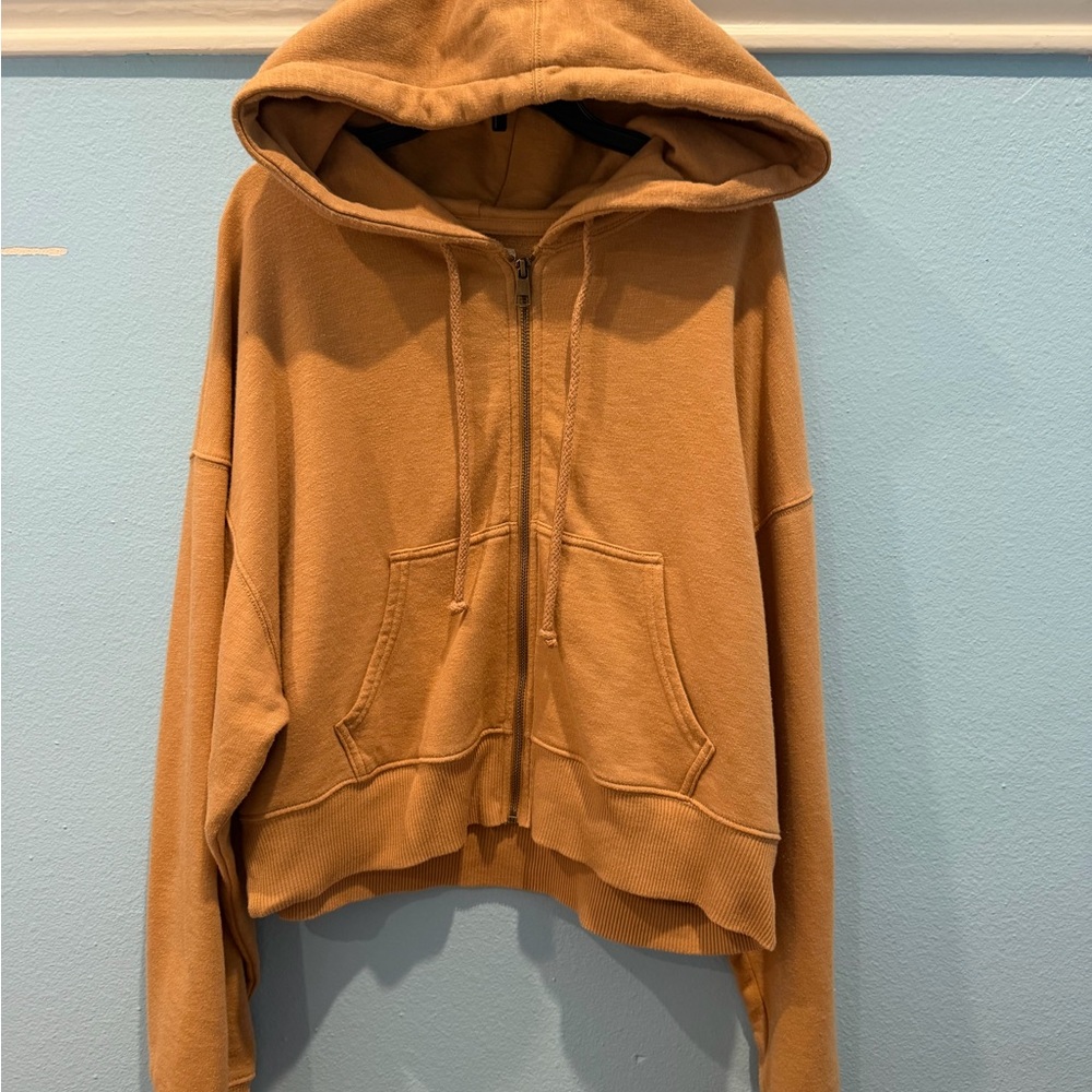 Dark tan orangey hooded zip-up sweatshirt